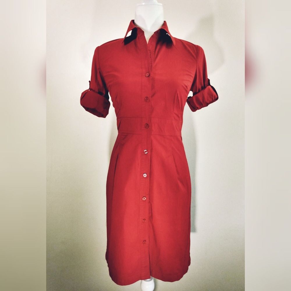 Merona Cotton Red Button Shirt Dress Roll Tab Sleeve XS